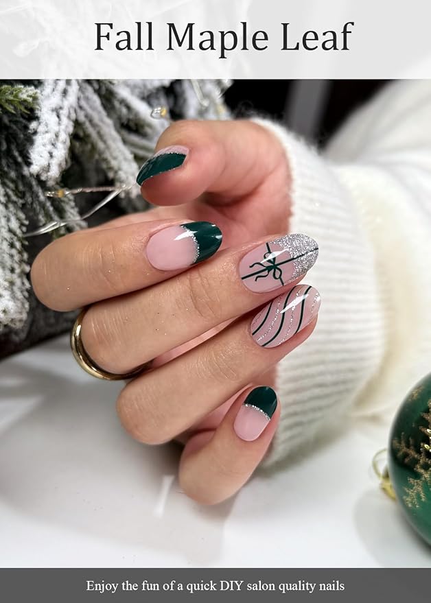 Semi Cured Gel Nail Strips (Green French), Christmas Silver Glitter, Bow, 20 Pcs Gel Nail Wraps, Stickers, Salon Quality, Works with Any UV Lamps