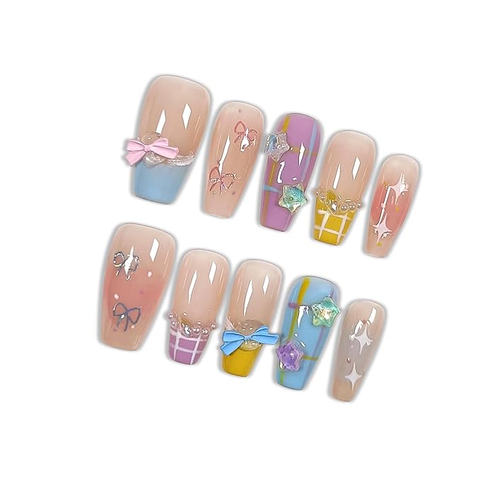 Press on Nails, Long Coffin Fake Nails with Checkered Pattern, Star & Bow Accents, Dopamine Color French Tips, Reusable Nails Cute Summer Style for Women(Size S)