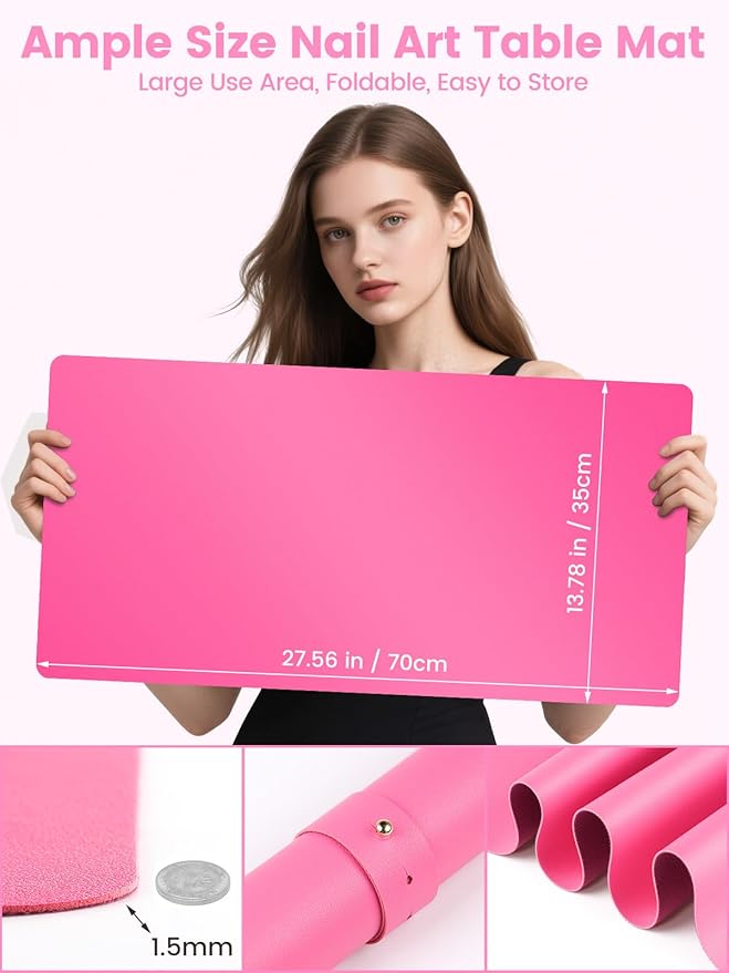 Beloving Nail Art Table Mat, (MAT ONLY) Nail Arm Rest Pad for Nail Tech, Soft Microfiber PU Leather Nail Mat for Table, Foldable Nail Pad Desk Mat for Manicure Hand Rest Pillow - Pinkish Red