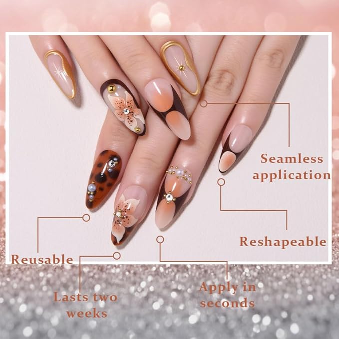 3D Press on Nails Medium Almond with Leopard & Flower Design, Sexy 3D French Tip Nail Press ons Glossy Stick on Nails for Women Reusable with Kit, Stick on Sexy Fake Nail with Designs Perfectly Fit