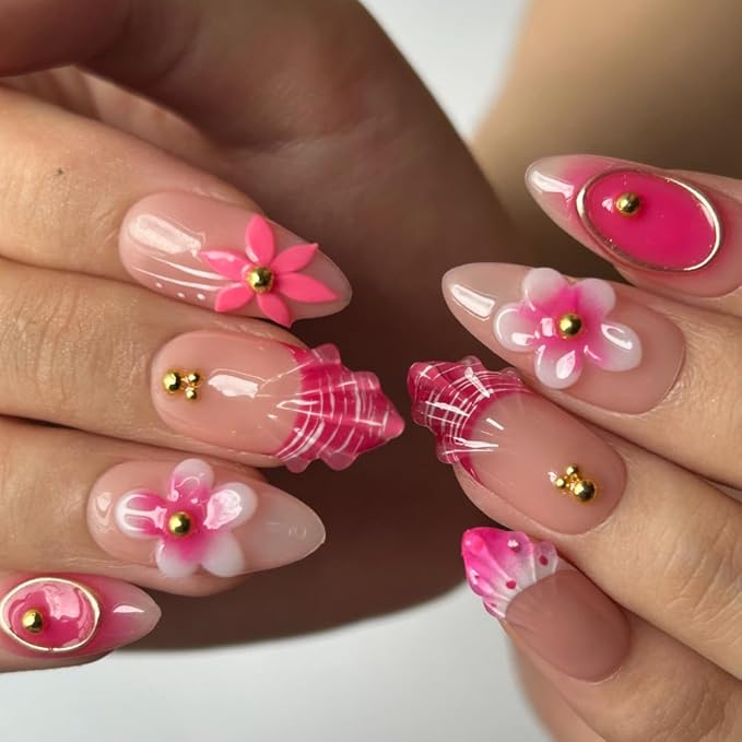 Press On Nails Medium Almond Shape False Nails, Handmade Acrylic Gel Fake Nails with Art Designs, Reusable 10 Pcs 3D Nails for Women DIY Manicure Kit