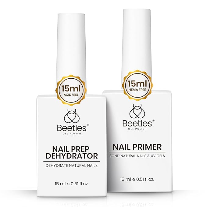 Beetles Nail Dehydrator and Primer Acid Free and Hema-Free Natural Prep Dehydrate and Bond Primer Fast Dry Nail Supplies 15ml 2Pcs Professional Salons Set