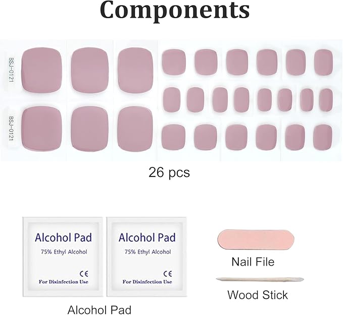 26 Pcs Semi Cured Gel Toe Nail Strips Light Pink Gel Nail Stickers Full Cover Nails Wraps Self Adhesive Toe Nails Polish Strips Stickers for Women UV/LED Light Required