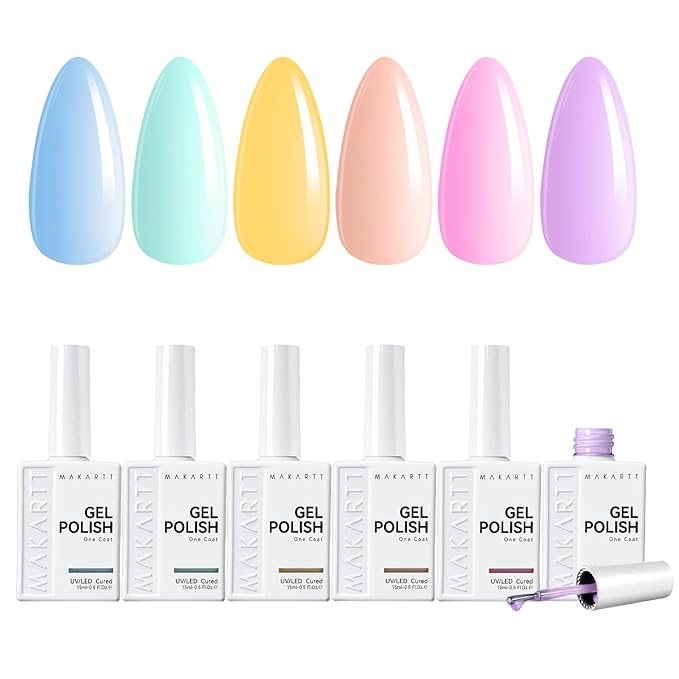 Makartt Pastel Gel Nail Polish Set 15ml One N'Done, 6 Colors Spring Summer Colorful Gel Polish Kit Soak Off Blue Green Yellow Purple Pink, Salon-Grade UV Nail Art DIY Salon Home - Summer Spritz