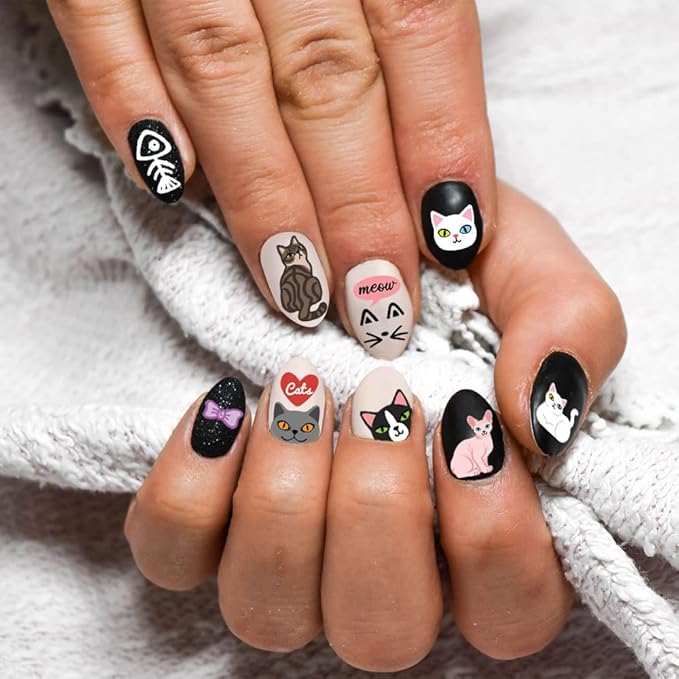 WIRESTER 8 Sheets of Nail Art Stickers Decals - Self-Adhesive Nail Decals for Women Kids Girls - Cats (Cat Face, Cat Paws, Fish Bone, Meow, Heart, Bow Tie)