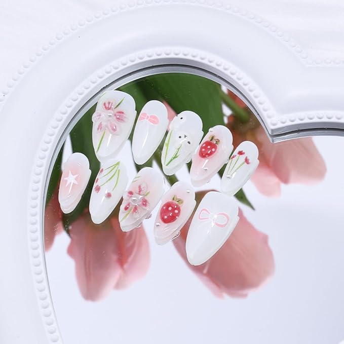 30Pcs Cute Press on Nails Medium Almond Fake Nails 3D Pearl Design Pink Flower Glue on Nails Easter Acrylic Nails Bunny False Nails Star Strawberry Bow Artificial Stick on Nails for Women Manicure
