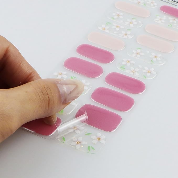 JMEOWIO Gel Nail Stickers White Flower Semi Cured Gel Nail Strips Wraps UV/LED Nails Art Design Decoration Accessories
