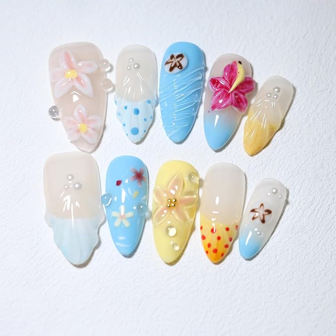 10Pcs Medium Almond Handmade Press On Nails | Tropical Ocean Theme with 3D Flowers, Seashell & Pearl Decor | Easy to Apply, Remove & Reusable, Salon-Quality (A009, M)