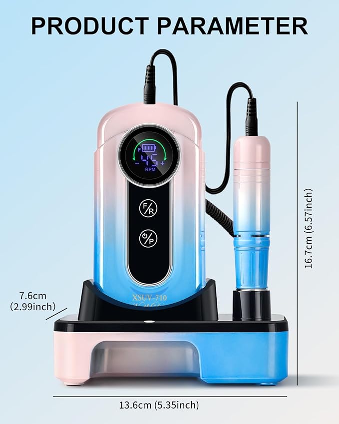 Professional Electric Nail Drill Kits 45000RPM Gradient Blue Portable Cordless 3-in-1 Nail File Machine with Rechargeable Stand and Nail Lamp for Acrylic Gel Polish Removing Home & Salon Use