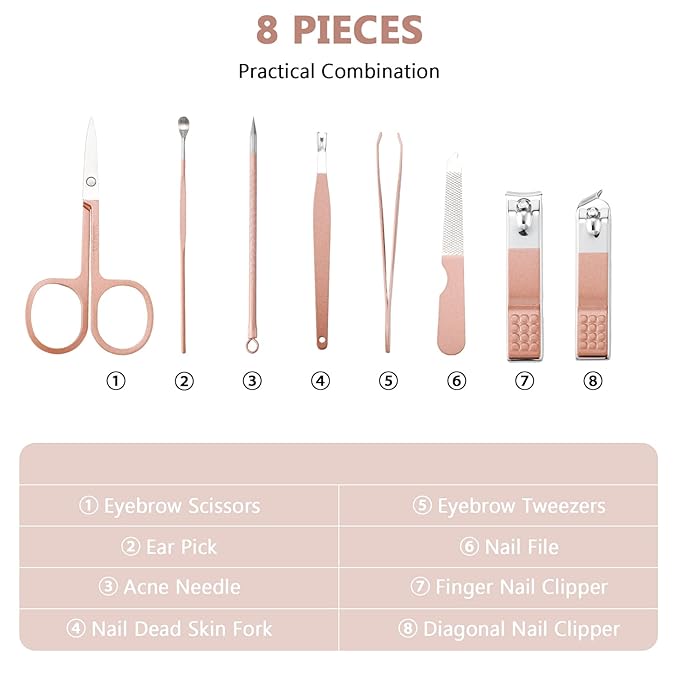 Hanaive 6 Set Manicure Set 48Pcs Nail Clippers Pedicure Kit 8 in 1 Stainless Steel Grooming Kit Professional Nail Care Tools with Luxurious Travel Case for Men Women Gift(Rose Gold)