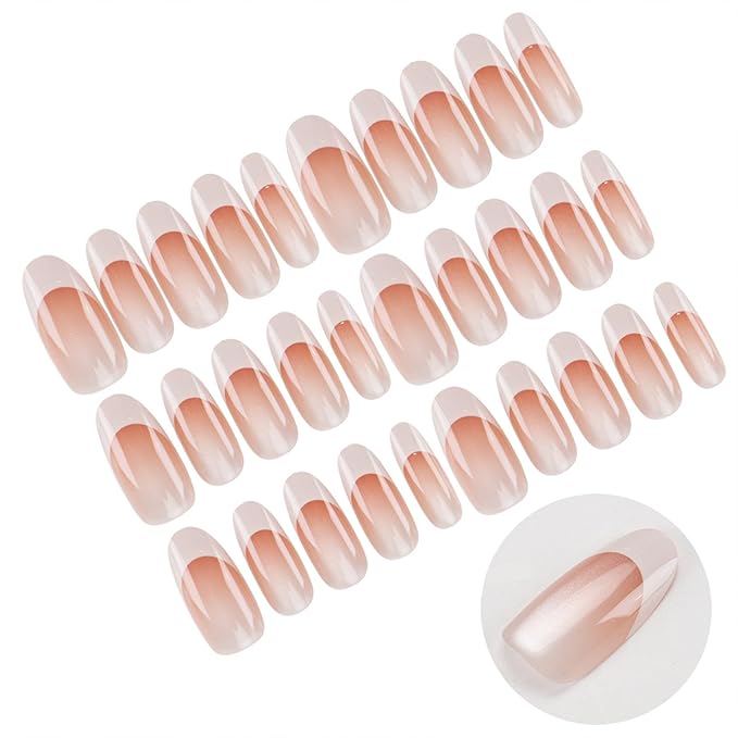 White French Tip Press on Nails Almond Medium Fake Nails Cat Eye False Nails Nude Ombre Acrylic Nails Glossy Shiny Gradient Glue on Nail for Women Manicure Decoration 30Pcs