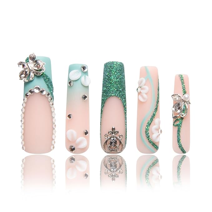LOVFUL Press on Nails Emerald Vine| Handmade with Full Covered Crystals| Reusable Fake Nails| Square Mid length 1.7in| H244-S