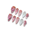 Aurora Pink Handmade Pearl Press On Nails Medium Almond,10 Pcs Acrylic Nails Press Ons with Hand Painted 3D Design-Nature Reusable Stick On Nails Lasts 15 Days (049S)
