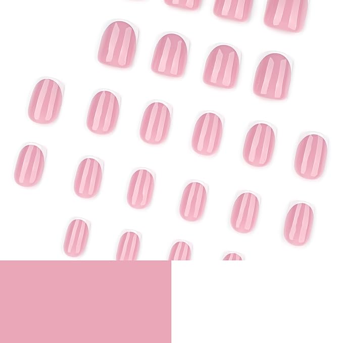 French Tip Press on Nails Short Square Fake Nails Nude Pink Acrylic Nails Glossy Nature Glue on Nails French False Nail Press ons with for Women Manicure Decoration 24Pcs