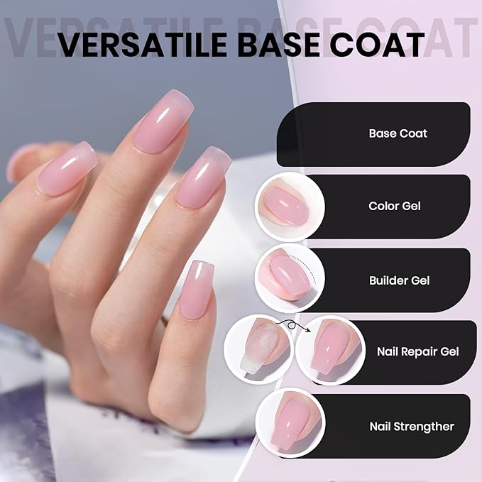 RARJSM Nude Amber Glass Jelly Soft Milky Pink Fiber Glass Rubber Base Gel Nail Polish for Repair Broken Nails Strengthener Base Coat Brush on Building Gel in a Bottle Curing Requires 15ml