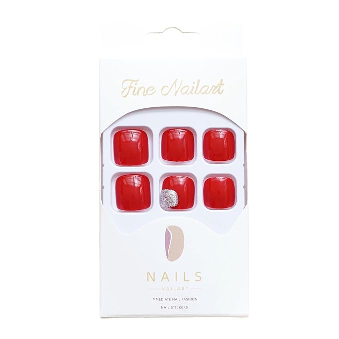 Red Press On Toenails Short Square Fake Toes with Design Silver Glitter Glue on Toe Nails Shiny Bling Summer False Toenails Reusable for Women Girls Foot Manicure 24pcs