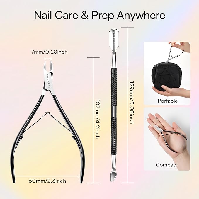 Makartt Cuticle Trimmer with Cuticle Pusher - Sharp Cuticle Nipper with Dual Spring, Ergonomic Handle, 7mm Blade & Dual-Ended Pusher for Nail Care & Gel Removal, Black