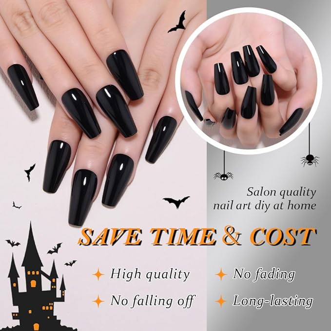 evpct Black Glossy Coffin Press on Nails Medium Square, Glossy Black Fake Nails False Nail Pure Color with Kit, Salon Quality Soft Gel Stick on Acrylic False Soft Nails Reusable Full Cover for Women