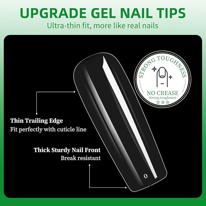 Long Square Nail Tips, 240Pcs Full Cover Soft Gel Nail Tips Pre-shaped 2XL Straight Shape Clear Acrylic False Nail Fake Nail Extension Press On for Salon Home DIY 12 Sizes