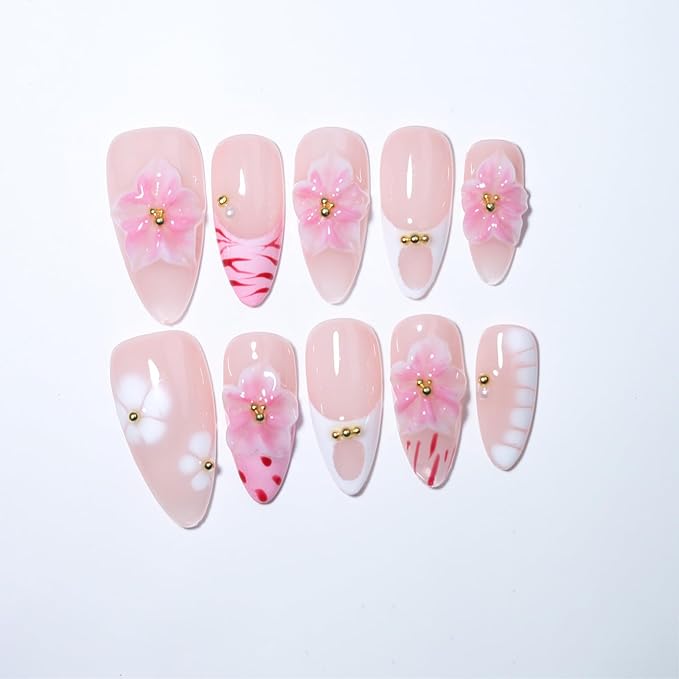 10 Medium Handmade Press On Nails | Light Nude Pink Base with 3D Floral, French White Tip, Red Marble Veins, White Petal & Gold Dot Accents | Easy Apply & Remove, Reusable (251215, XS)