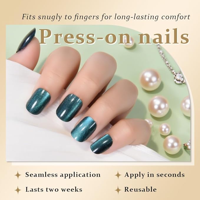 Cat Eye Green Press On Nails Short Square, Designer Reusable Acrylic Fake Nails with Glue, Glossy Soft Gel Nails Wedding and Party, Stick On Glue On Nails, Nails Press Ons fro Women