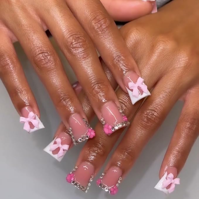 French Tip Press on Nails Handmade Short Duck 3D Floral Thick Acrylic Nails White False Nails with Bow Flower Rhinestones Designs Cute Glossy Fake Nail Sturdy Art Press on Nail 10Pcs(M)