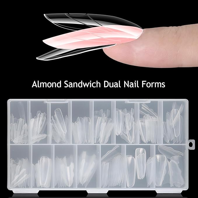 Sandwich Dual Nail Forms, 15 Sizes Oval Almond Top and Bottom Dual Forms for Builder Gel, Reusable Acrylic Nail Extension Molds with Guide Lines, Professional Manicure Supplies (Oval)