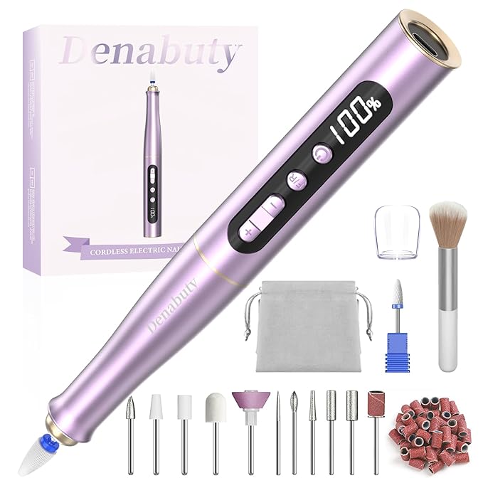 Cordless Electric Nail Drill Machine, 13 in 1 Nail File Kit 35000RPM Professional Portable Rechargeable E File for Acrylic Polish Gel Removal Manicure Pedicure Set with 5 Speeds Violet