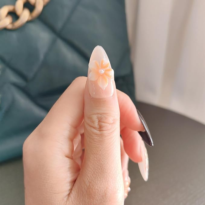 10 Medium Almond Handmade Press On Nails | Edgy Feminine Brown Cat Eye Fake Nails with 3D Floral, Gold Brushed & Black Accents | Reusable Salon Quality (5U05, M)