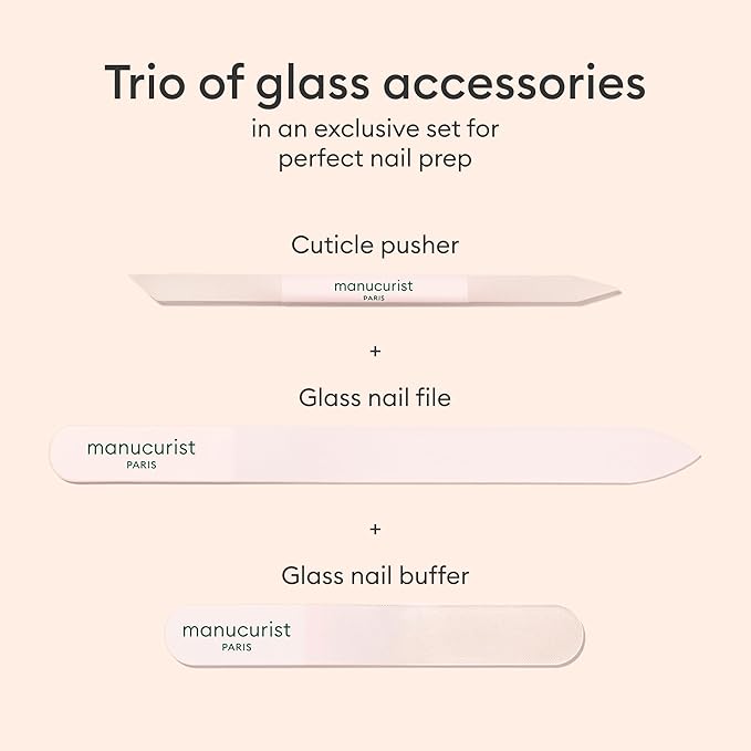 Manucurist Glass Nail Accessory Trio – Exclusive Tube Set with a Glass Nail File, Buffer, and Cuticle Pusher – Nail Care Accessories - Manicure Tools Set - Nail Tools - Valentines Day Gifts for Women