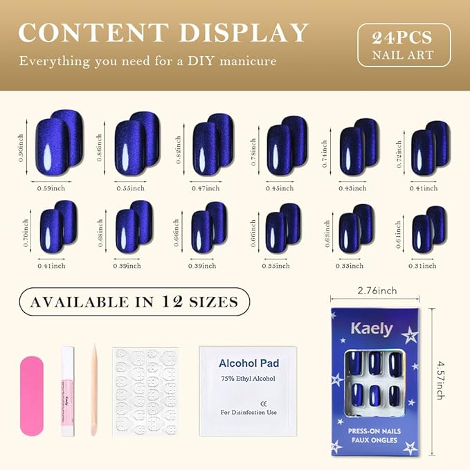 Royal Blue Cat Eye Press on Nails Medium Square, Medium Square Press Stick on Nails Chrome for Women Gift, Blue Holographic Glitter Glossy Reusable Soft Gel Acrylic Fake Nail with Cateye Effect Design