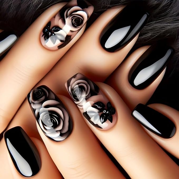 Press on Nails Black Rose Fake Nail Coffin Shaped False Nails with Gradient Design Medium Coffin Stick on Nail Glossy Acrylic Nails Black Press on Nails Artificial Reusable Nails for Women 24Pcs