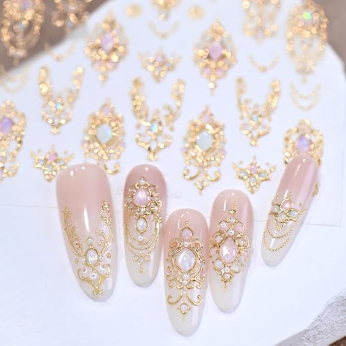 Self-Adhesive Gem Nail Stickers Vintage Style Totem Nail Supplies Embossed Gold Jewelry Ribbon Nails Decals Pink Diamond Nails Designs Baroque Scepter Nails Art Decoration for Women Manicure 1 Sheet