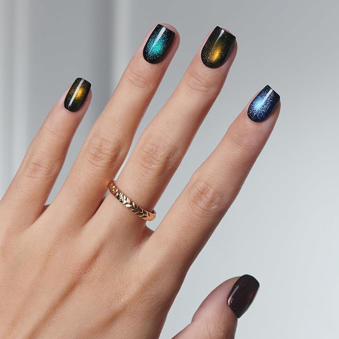 LAMIMOSA 32Pcs Cat Eye Press On Nails Short Square, Soft Gel Fake Nails in 16 Sizes, Reusable Glue on Nails Kit, Handmade Cat Eye Finish, GALAXY
