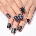 evpct Black Chrome Cat Eye Short Press on Nails Square, Short Square Stick on Nails for Women Gift, Black Metallic Glitter Glossy Reusable Spring Summer Soft Gel Press on Acrylic Fake Nail with Design