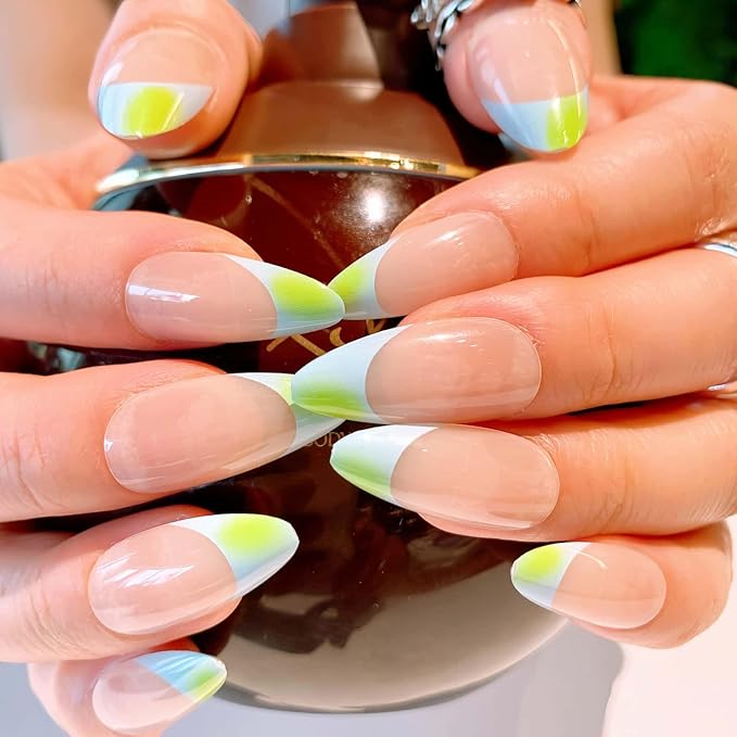 24 Pcs Press on nails French Short Almond Fake Nails Nude Glossy Glue on Nails Ins Style Acrylic Nails Removable Stick on Nails for Women 12 Size Kit