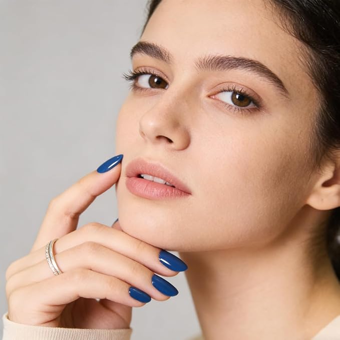 Dark Blue Press on Nails Almond Medium, Navy Blue Nails Press On with Nail Glue, Natural Soft Gel Nail Kit, Natural Reusable Glue On Nails in 15 Sizes 30 Fake Nails Kit