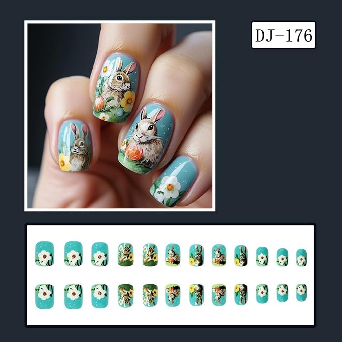 Easter Press on Nails Short Square Fake Nails with Cute Bunny Designs Glossy Blue False Nails Spring Colorful Flower Acrylic Nails Full Cover Stick on Nails for Women Nails Manicure Decoration 24 Pcs