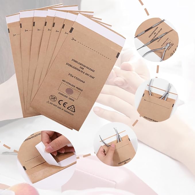 100PCS Disposable Sterilising Bags,Disposable Kraft Paper Self-Sealing Sterilization Bags,Dental Tool Sealing Pouch for Nail Salon Cosmetic Dental Tools(13 * 20cm/5.12 * 7.88inch)