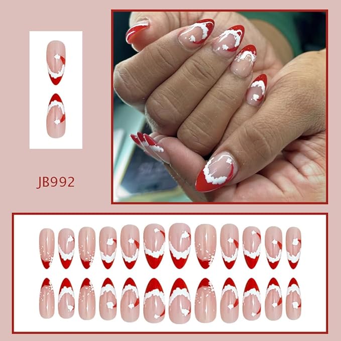Christmas Press on Nails Short Almond Fake Nails Christmas Hat French Tip False Nails Press ons Cute Full Cover Stick on Nails Winter Xmas Acrylic Nail for Women Manicure 24Pcs