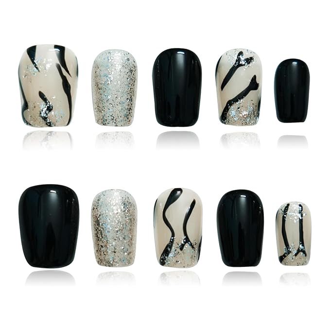 Marble Press on Nails, Handmade Short Coffin Black White 3D Glossy Acrylic Fake Nails Zebra Print with Silver Glitter Effects for Modern Art Nails (Zebra Stripe,L)
