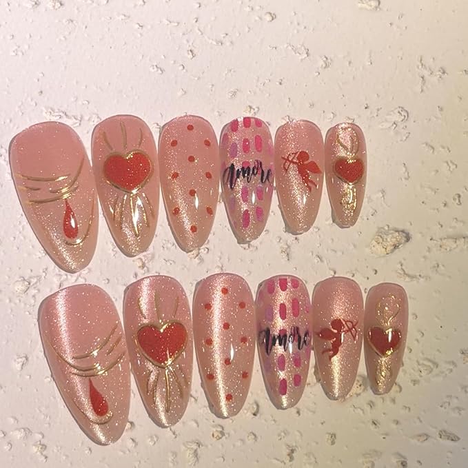 Valentines Nails Press Ons - Valentines Press On Nails Almond Medium Pink Fake Nail With Gilded Heart Cat-Eye Designs Acrylic Artificial Glue On False Stick On Nails for Women Girls