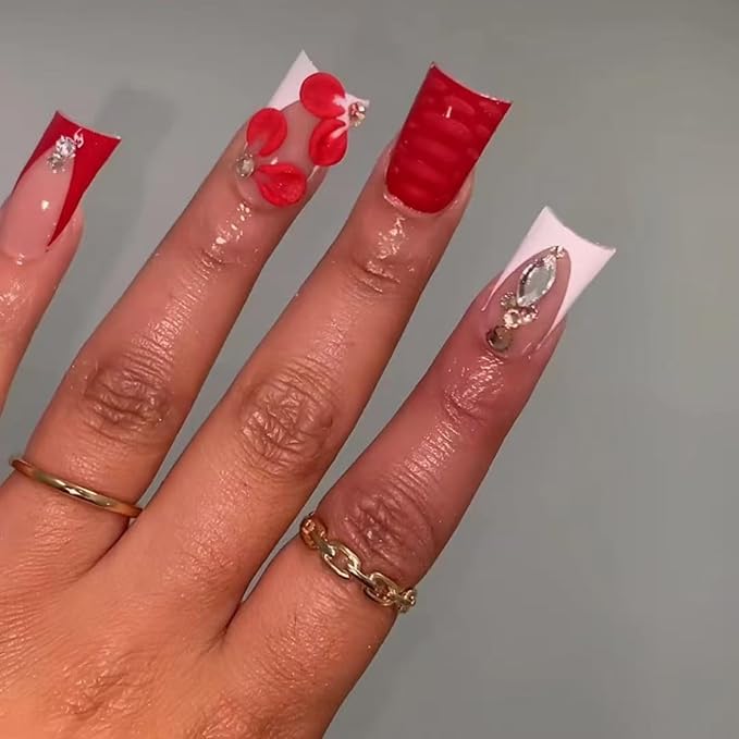Red Press on Nails Flower Fake Nails Duck Nail Press ons with Diamond Design French Tip Glue on Nails Reusable Artificial Acrylic Glossy Full Cover Stick on Nail for Women Manicure 24Pcs