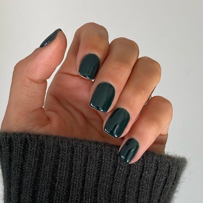 Dark Green Press On Nails - Short Square Natural Gel Nails Glue On Acrylic Press Ons Emerald 48Pcs Thick Reusable Fake Nails for Women Coffin Artificial Solid Color Square Nails