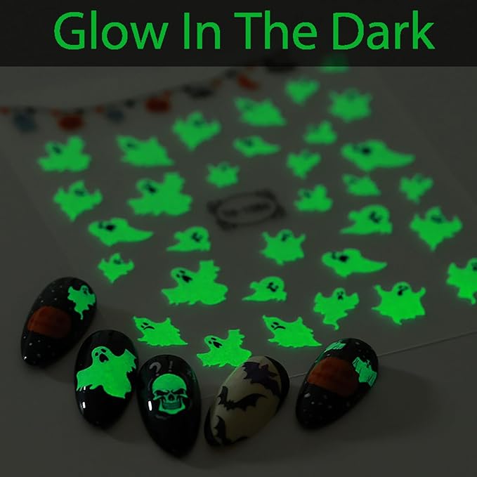 12 Sheets Halloween Nail Art Stickers Decals Glow in The Dark, Cute Spider Web Pumpkin Ghost Skull Bat 3D Design Self-Adhesive Nail Art Decals, DIY Manicure Decoration Supplies for Women Kids