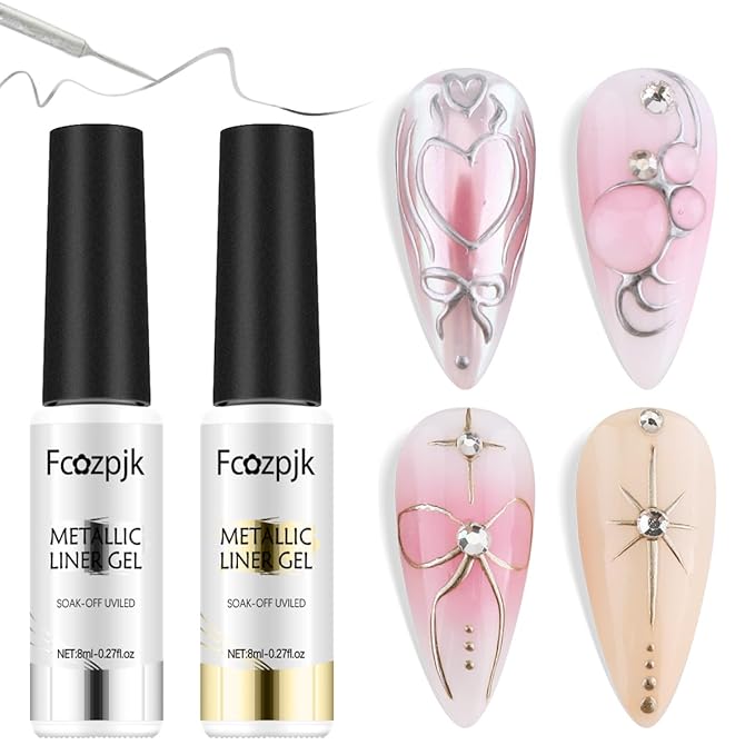 Metallic Gel Nail Polish 2PCS Chrome Gel Liner Nail Art Gold Silver Gel Polish 8ml Mirror Effect Painting Nail Gel with Build in Thin Brush Soak Off UV/LED Nail Polish Manicure Supplies