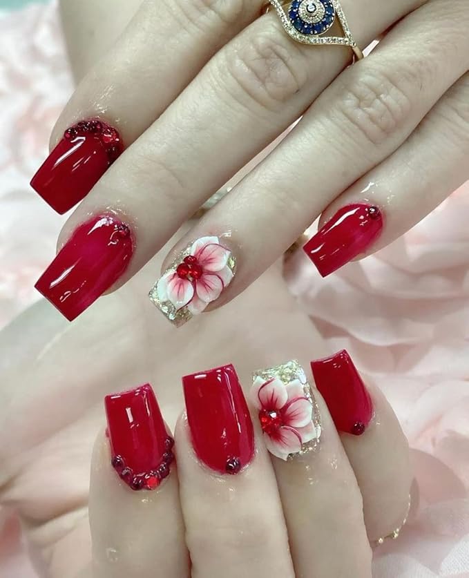 3D Acrylic Flower Nail Art Charms Handmade by Acrylic Powder - 15 colors, 24pcs Flowers Nail Rhinestones Kit 3D Crystal Nail Pearls Flat Design Acrylic Nail Art for Women Girls (Red)