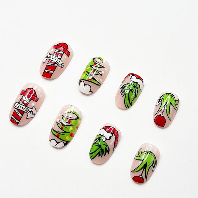 Christmas Red White Stripe Press-On Nails - Short Almond Shaped False Nails With Green Monster Designs - Full Cover Winter Acrylic Xmas Stick-On Nails for Women - DIY Nail Art - 24 Pcs