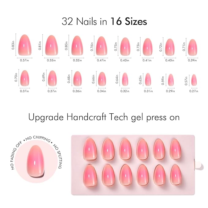 VSALON Almond Short Press On Nails, Sakura Pink Aura Light Curable Sheer Jelly Finish False Nails, Reusable Gel Glue on Nails Kit with Glue - 32 pcs in 16 Sizes