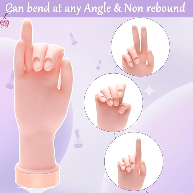 Practice Hand for Acrylic Nails, Nail Practice Hand with 100 Pcs Nail Tips 120 Pcs Double-side Jelly Glue Stickers Bendable Fake Hand Mannequin Hand for Nail Practice Manicure Beginners